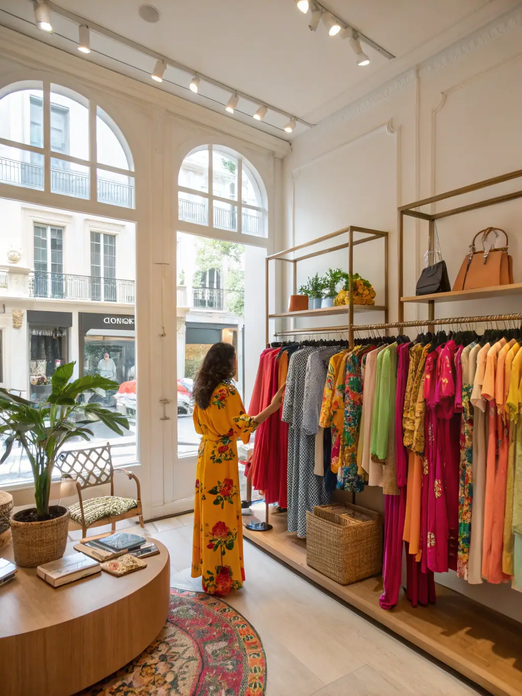 An eye-catching image featuring a stylish African woman browsing through a rack of fashionable clothing, emphasizing a sale sign with a percentage discount, with a modern boutique setting in the background.
