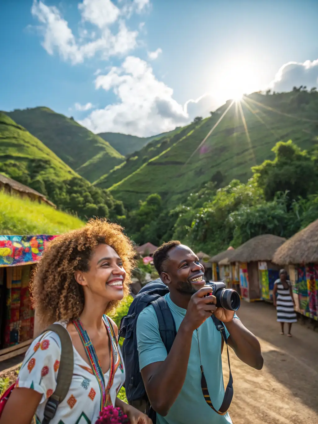 An inspiring image showcasing a group of Africans enjoying a scenic travel destination, emphasizing discounted travel packages and hotel deals, with a beautiful landscape in the background.