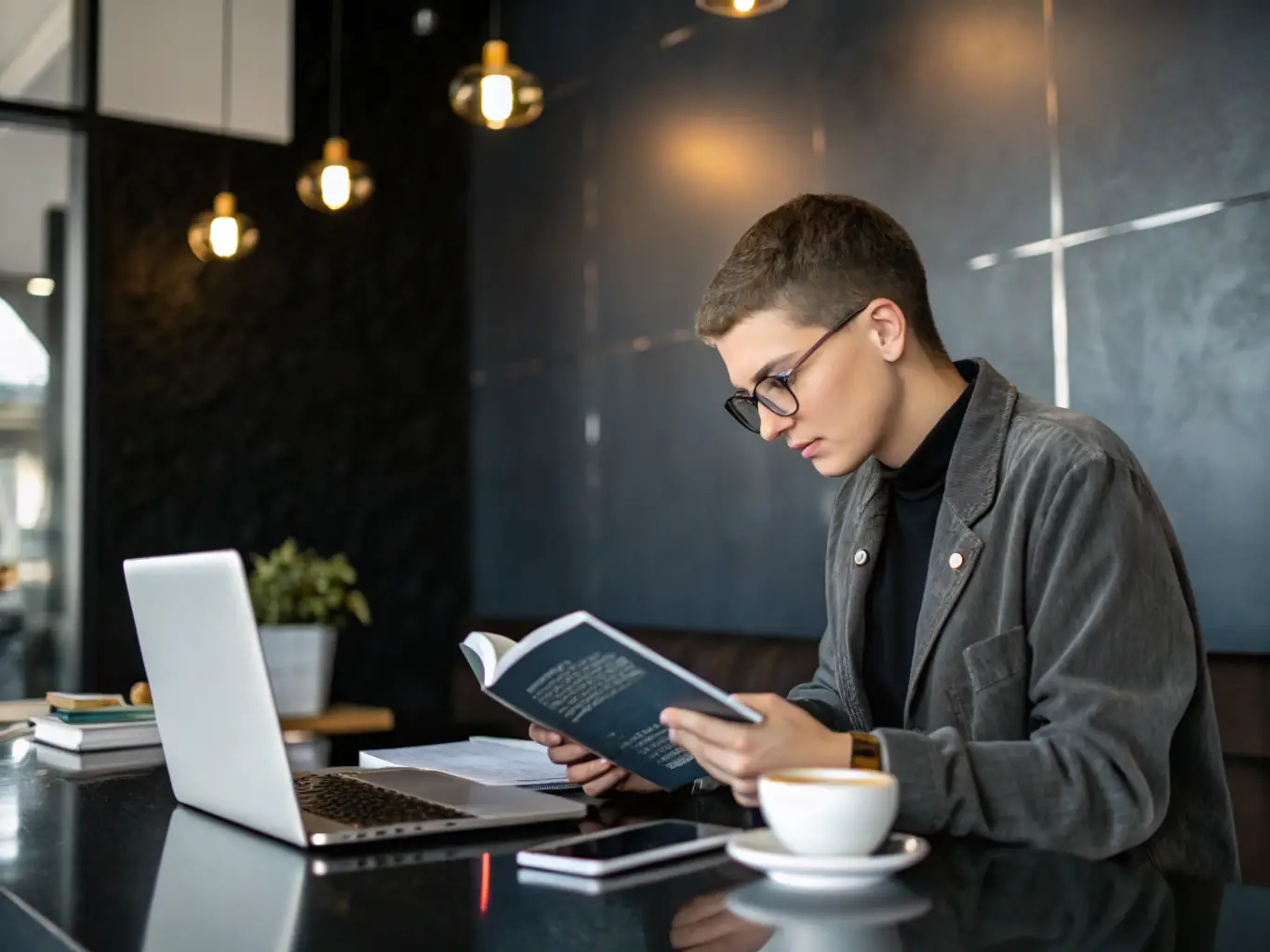 A focused African entrepreneur is deeply engrossed in reading a detailed guide on scaling a tech startup, surrounded by sticky notes and highlighted sections, in a brightly lit, modern co-working space.
