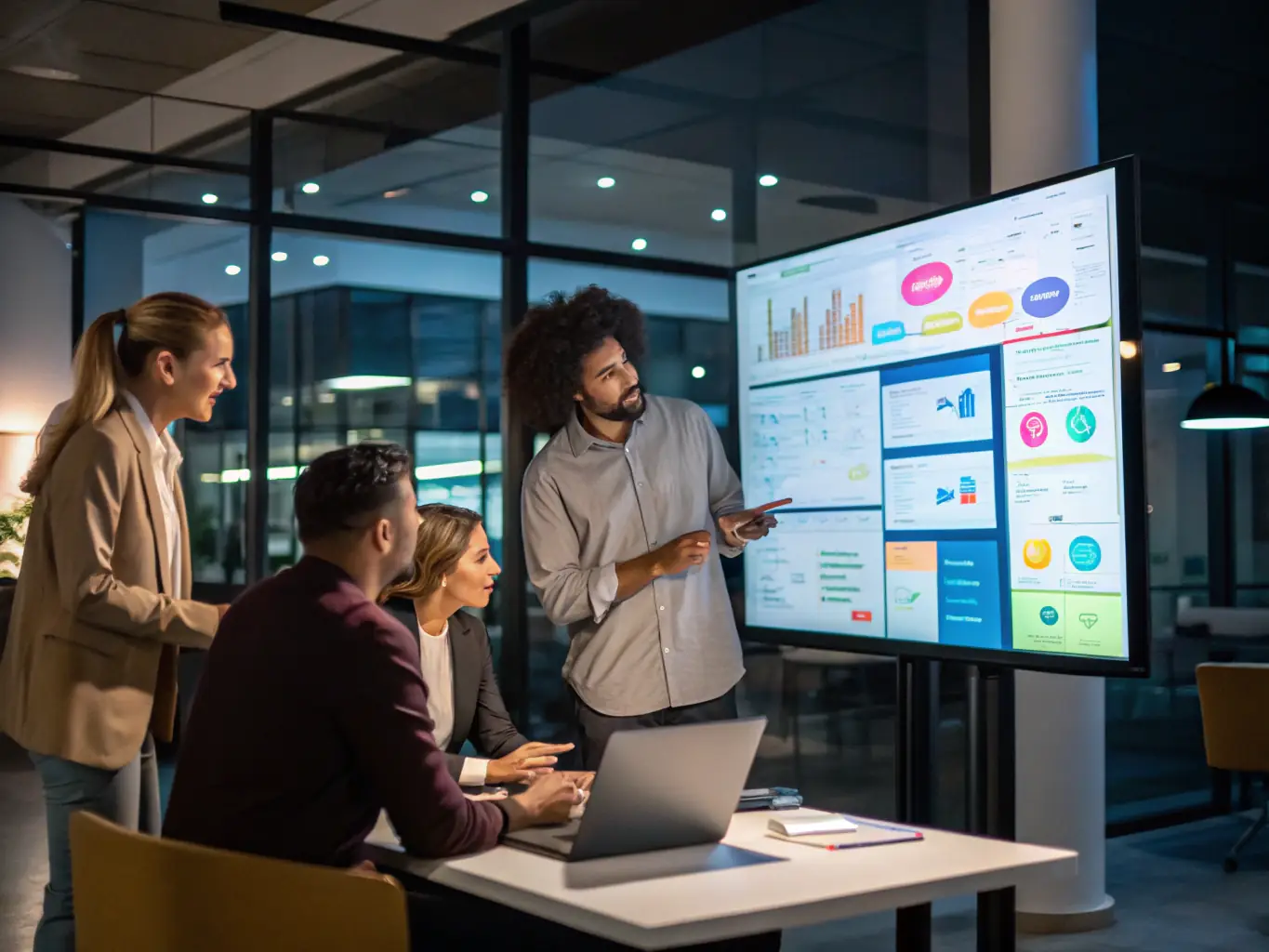 A diverse team of African tech entrepreneurs is collaboratively using a project management tool on a large display, planning and tracking tasks for a new product launch in a vibrant office.