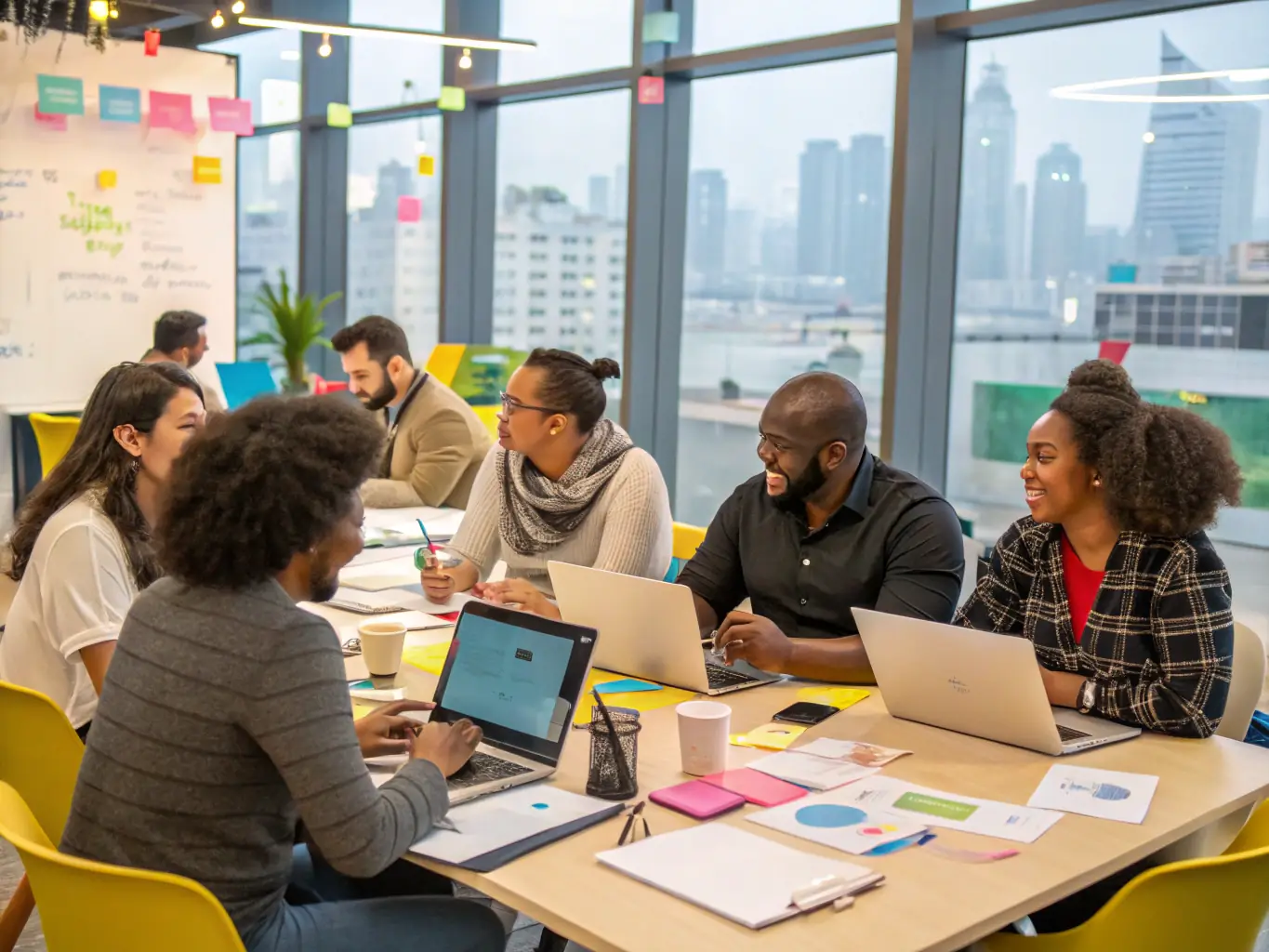 A vibrant image of a group of African entrepreneurs collaborating in a modern co-working space, symbolizing the power of mentorship and shared knowledge.