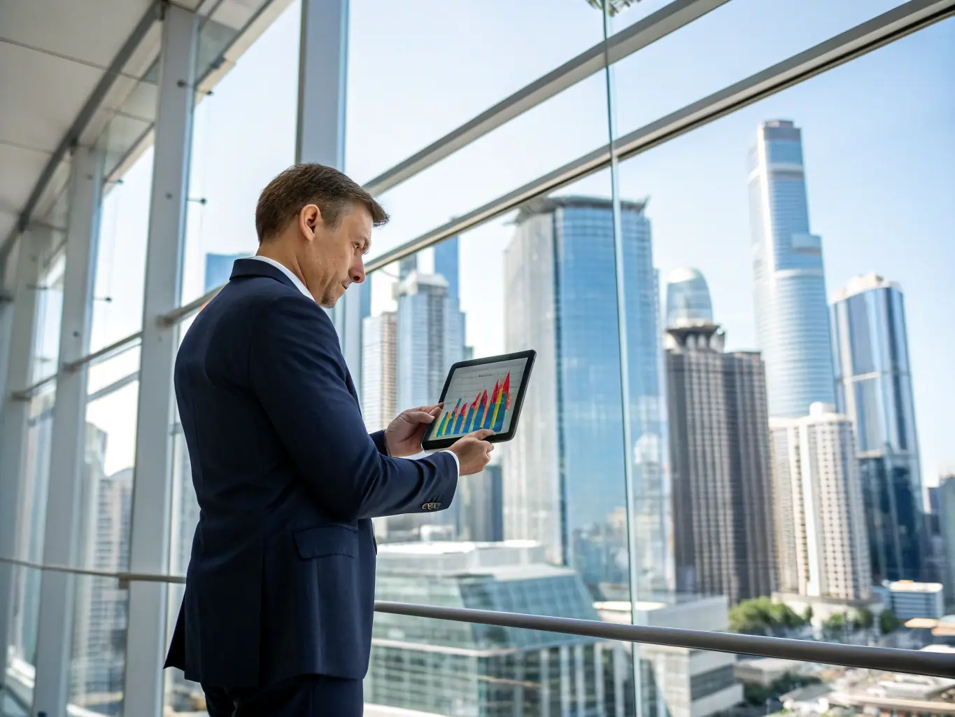 An African tech founder is presenting a pitch deck on a tablet, showcasing key metrics and growth projections to potential investors in a modern, sunlit office setting.