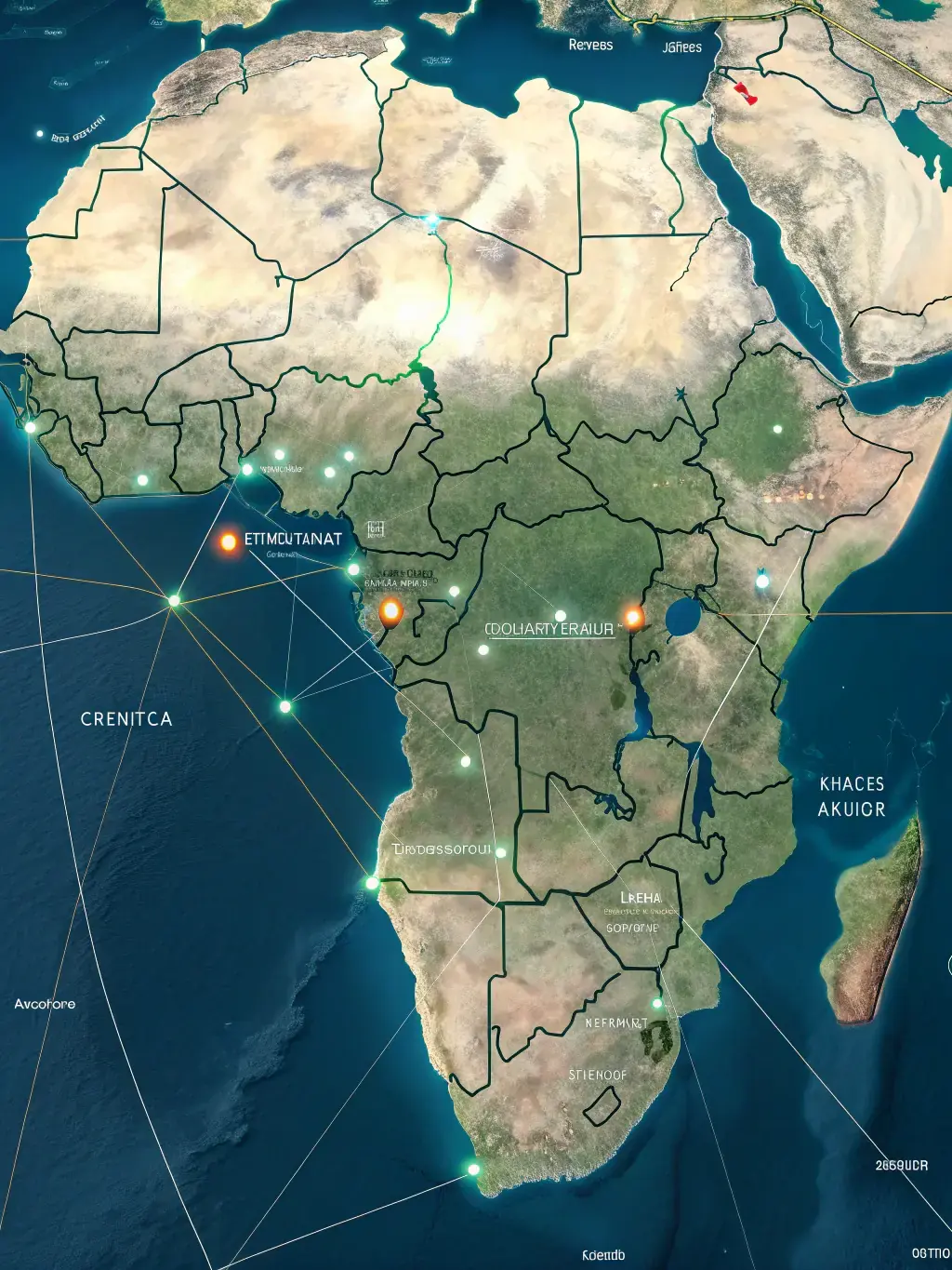 An image of a logistics network map across Africa, highlighting efficient delivery routes and warehousing solutions for e-commerce businesses.