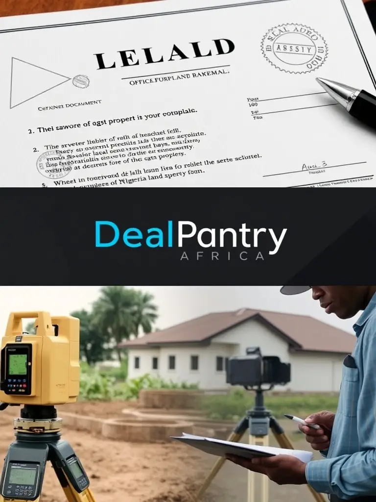 A collage of images showcasing the three layers of the audit process: a legal document, surveying equipment, and a site inspection, all overlaid with the DealPantry Africa logo.