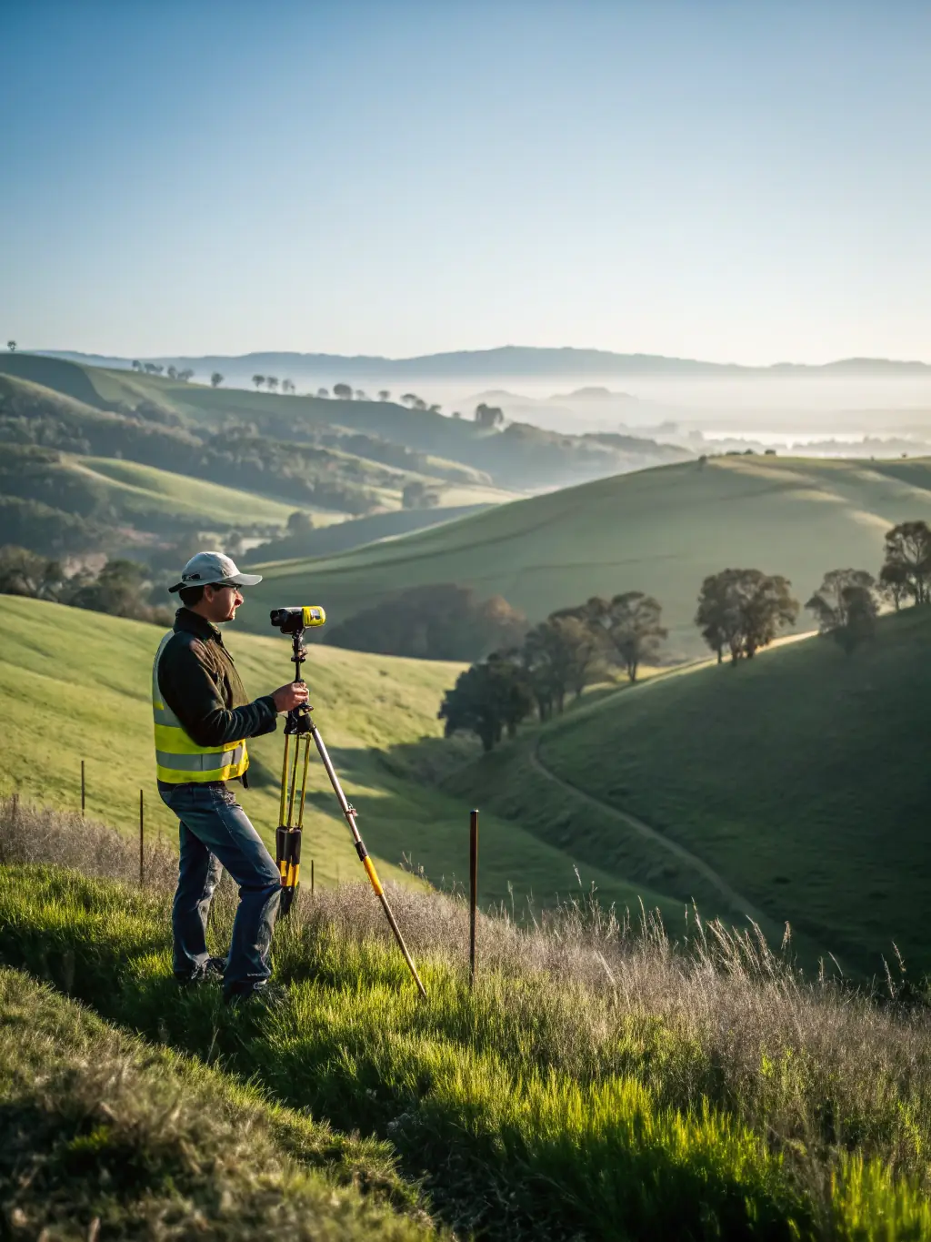 A surveyor using advanced GPS equipment on a plot of land in Nigeria, with a drone hovering overhead capturing aerial data, representing the technical survey and coordinate verification process.