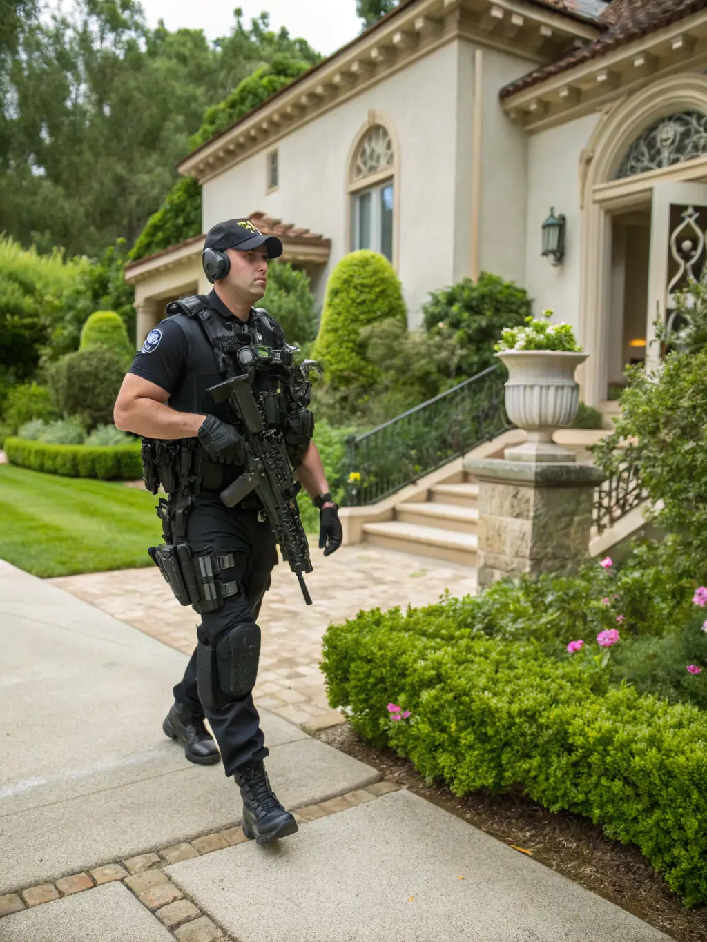 A uniformed security professional inspecting the perimeter of a property in Nigeria, with a checklist in hand, ensuring physical security and compliance with local regulations.