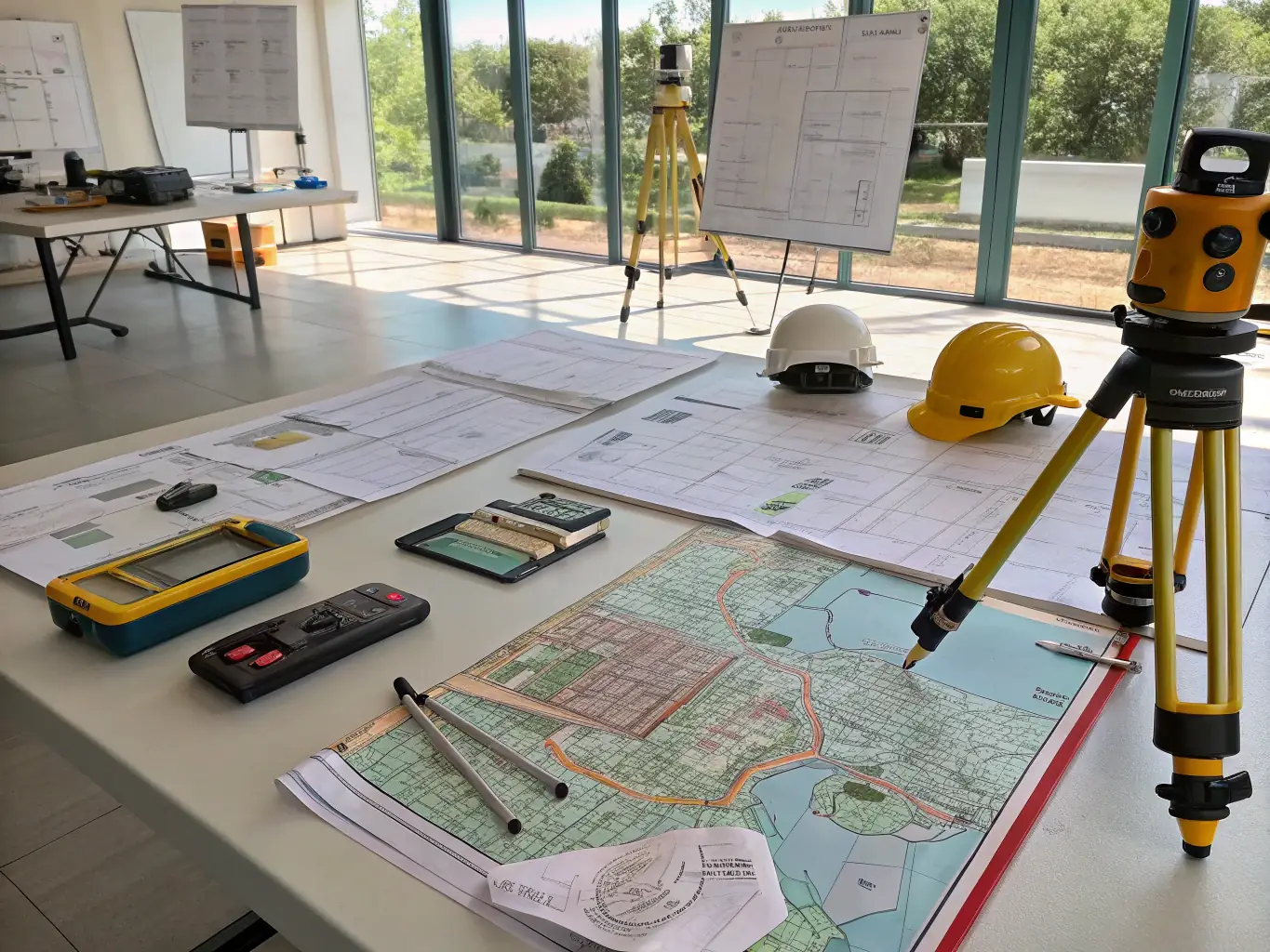 An image of legal documents, surveyor equipment, and a site visit in progress at a Nigerian property, representing the due diligence process.