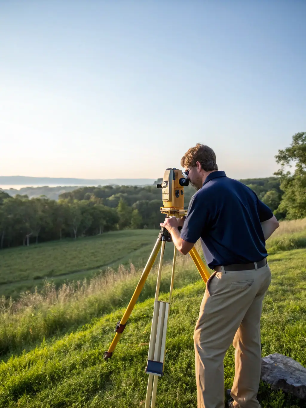 A surveyor using GPS equipment on a plot of land in Nigeria, capturing coordinates and boundaries for technical verification, highlighting precision and accuracy.