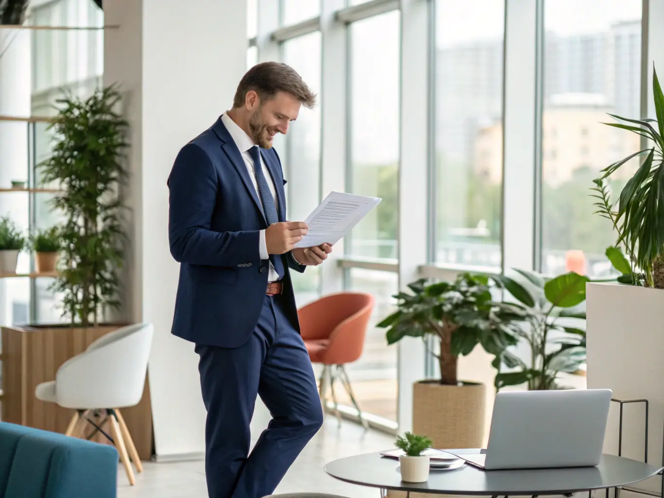 A professional inspecting a detailed risk assessment report for a real estate investment, highlighting potential risks and mitigation strategies.