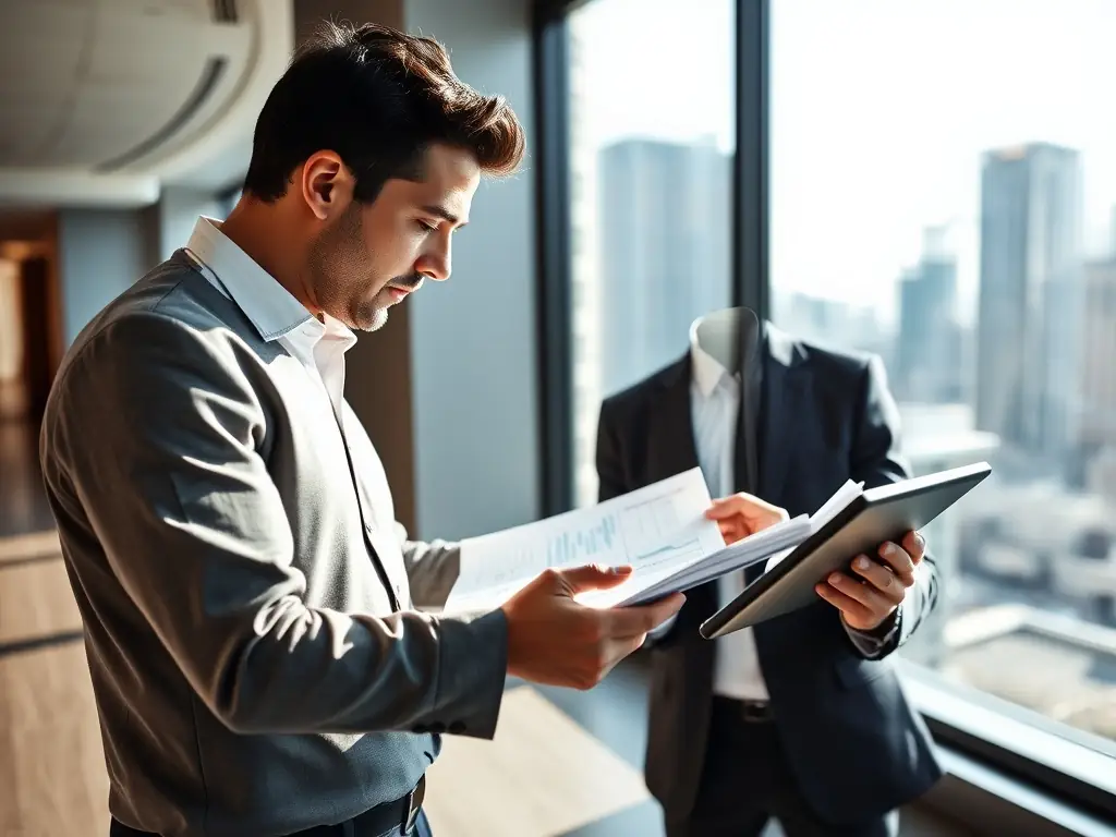 A real estate expert conducting a detailed property assessment, using a tablet to record findings and compare data with market trends. The setting is professional and informative.