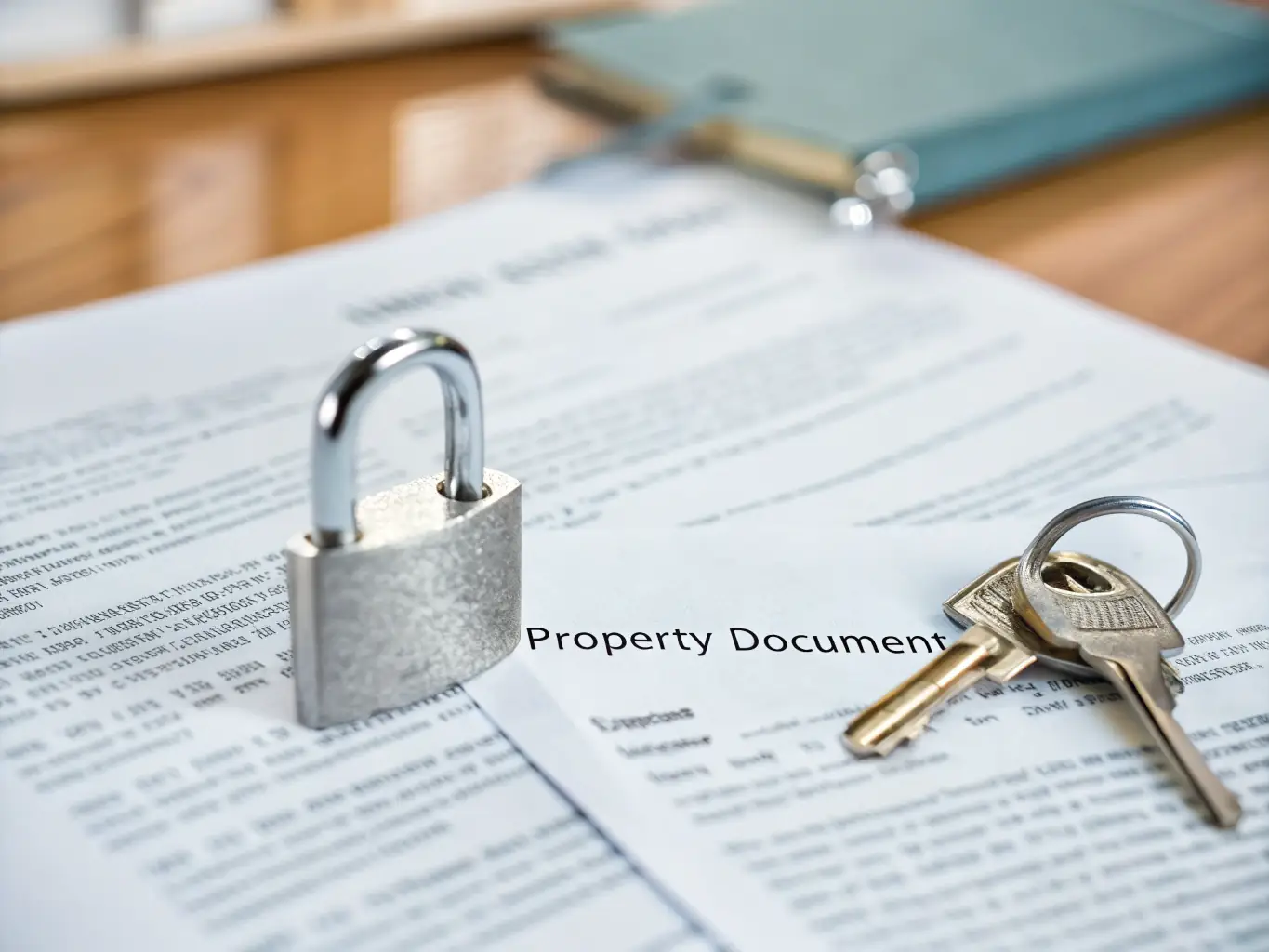 An image showing a professional analyzing property documents with a secure lock icon overlay, symbolizing risk mitigation in real estate investments.