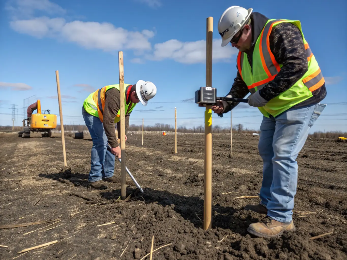 An image of a diverse team of surveyors using advanced equipment to assess a property's boundaries and condition, highlighting DealPantry's due diligence process.