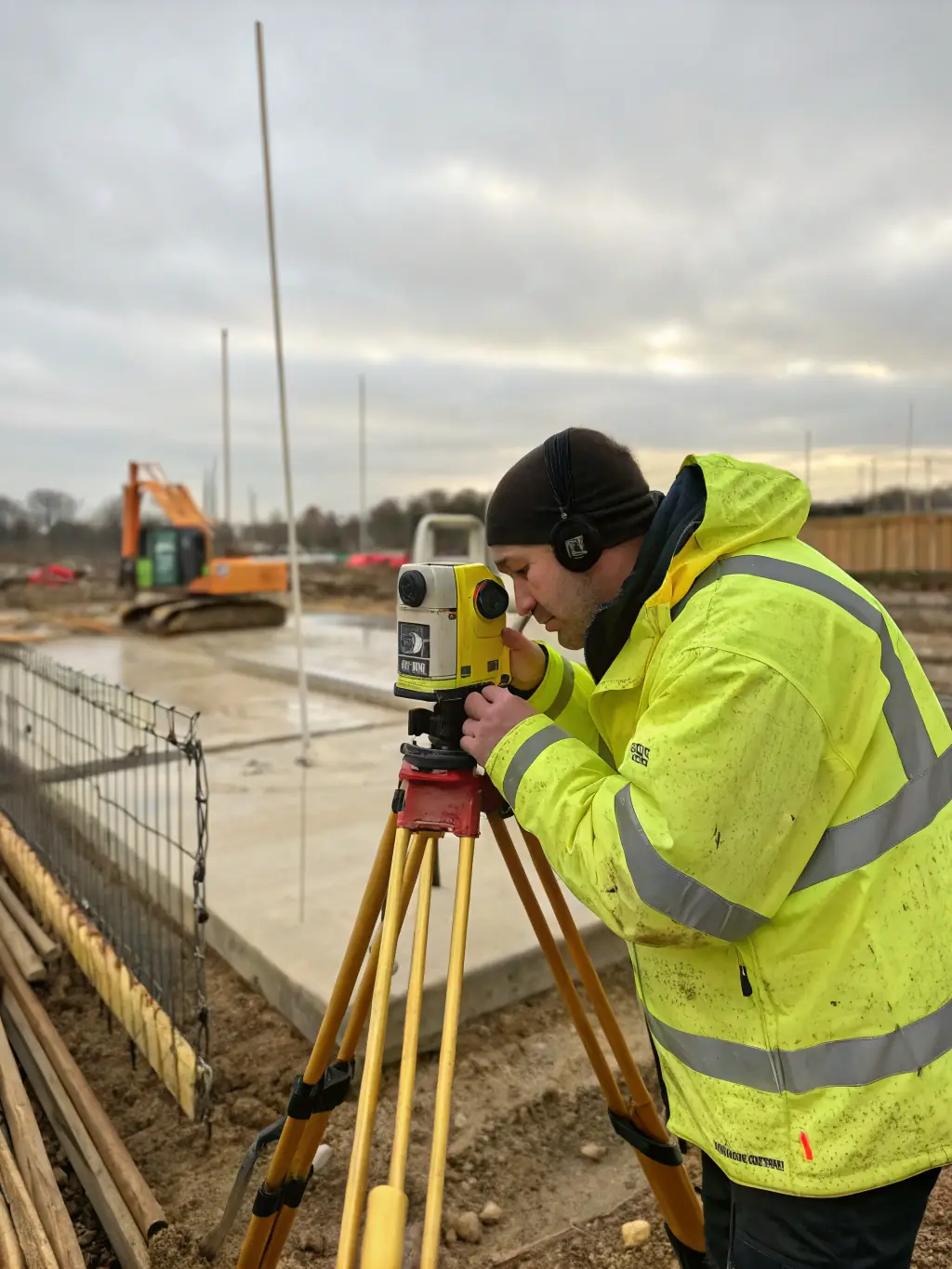 A licensed surveyor using surveying equipment on a property site, ensuring accurate land measurements and boundary verification for DealPantry.