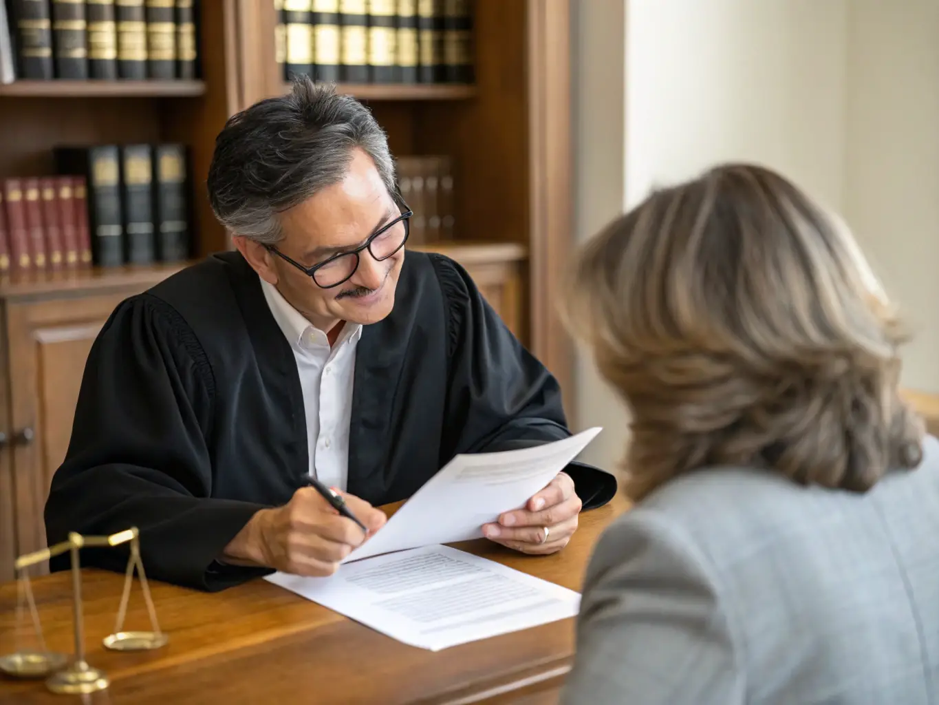 A professional property lawyer meticulously reviewing property documents in a well-lit office, with legal books and a computer displaying property records in the background. The scene conveys trust and thoroughness.
