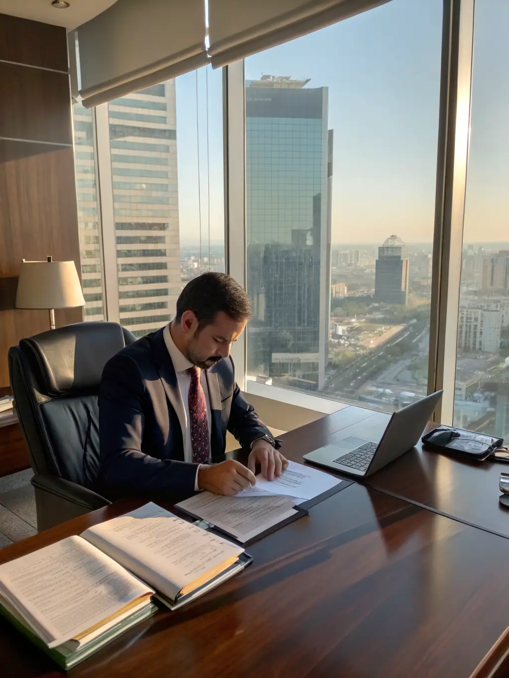 A stern-looking lawyer in a well-lit office, carefully examining a land title document with a magnifying glass, symbolizing the legal due diligence process for real estate in Nigeria.
