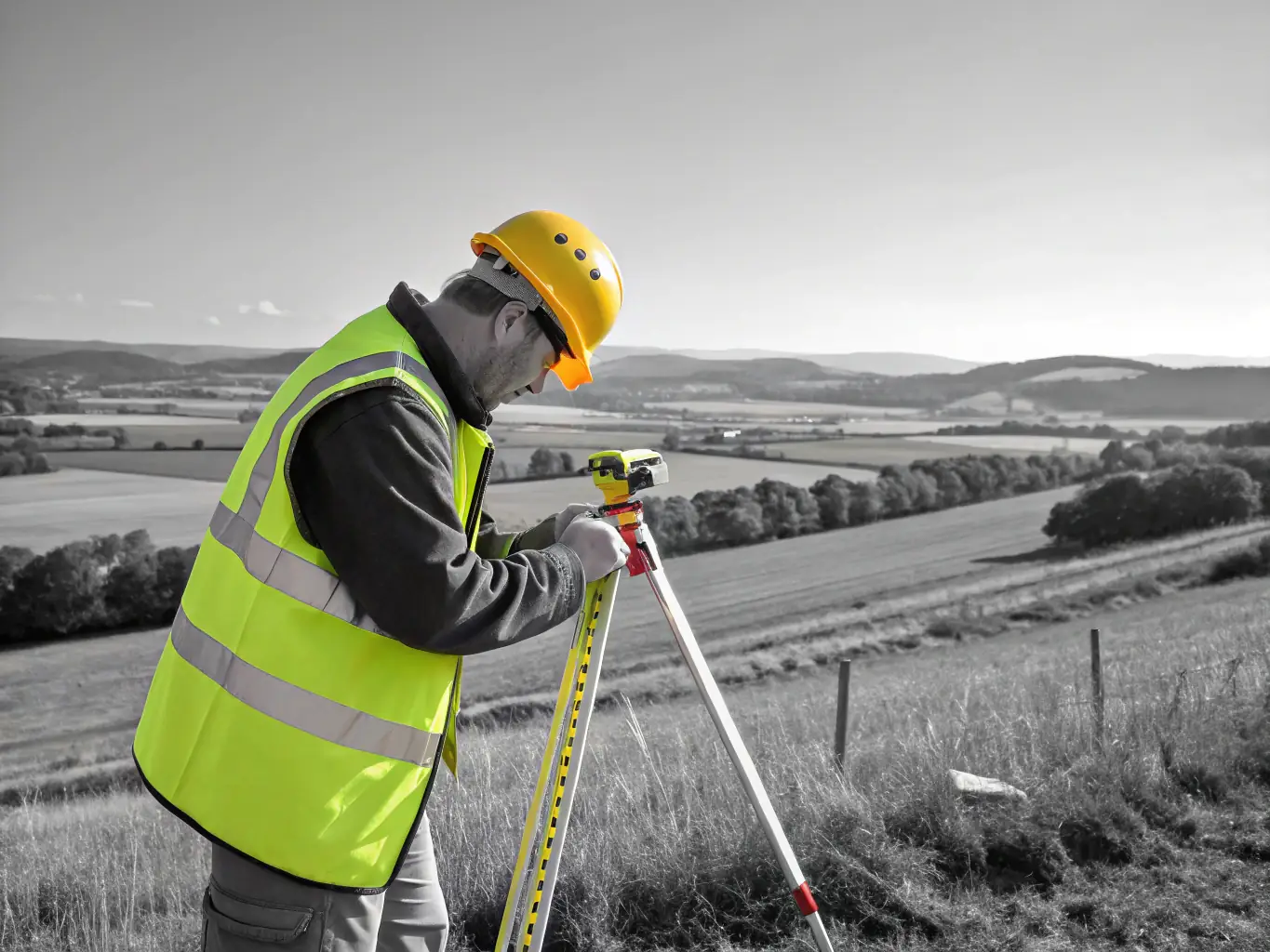 A licensed surveyor using advanced surveying equipment on a property site, with a clear view of the land and surrounding area. The image represents accuracy and precision.