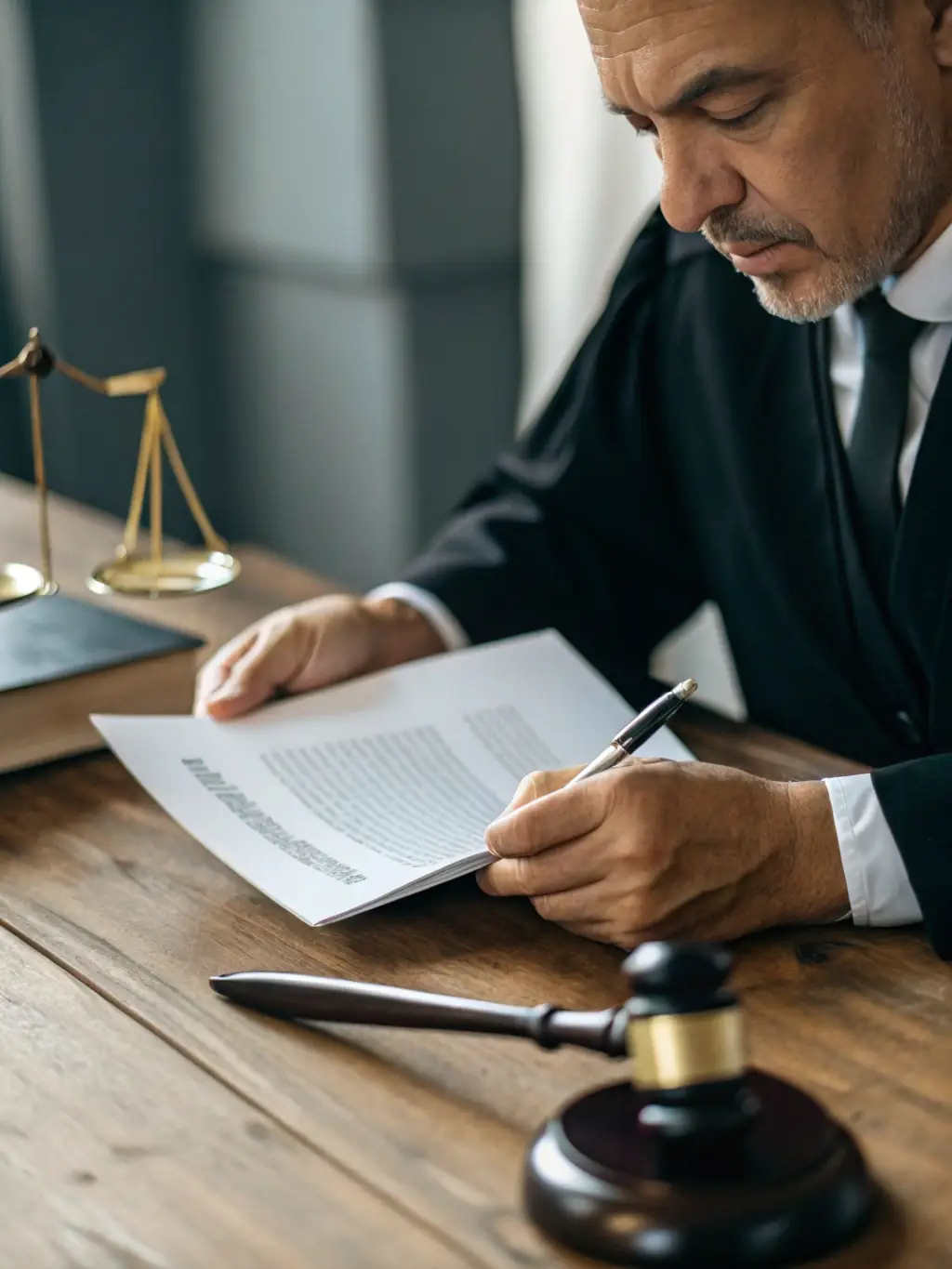 A professional lawyer reviewing property documents under a magnifying glass in a well-lit office, symbolizing legal due diligence for DealPantry's verification process.