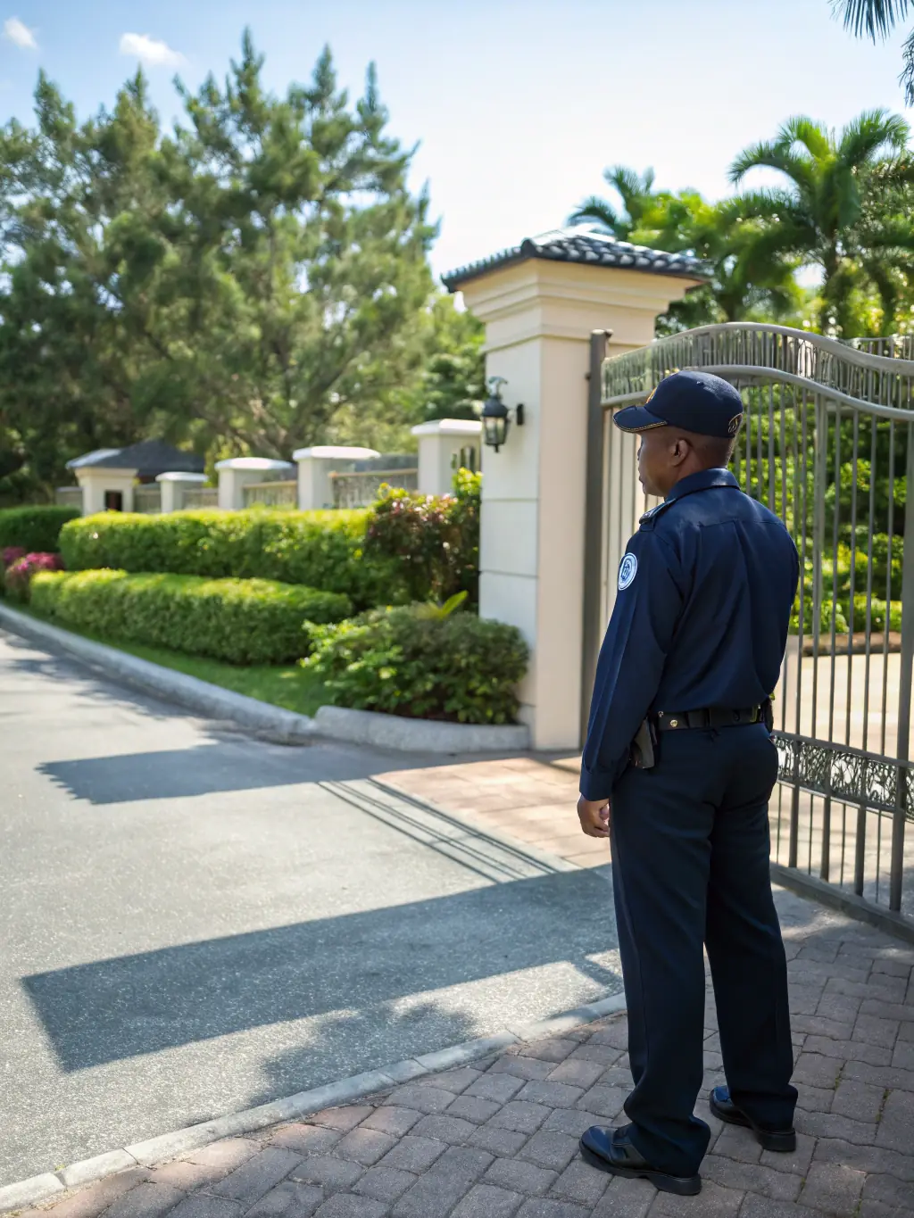 A security guard standing in front of a property in Nigeria, representing the physical verification process, emphasizing on-site inspection and security.