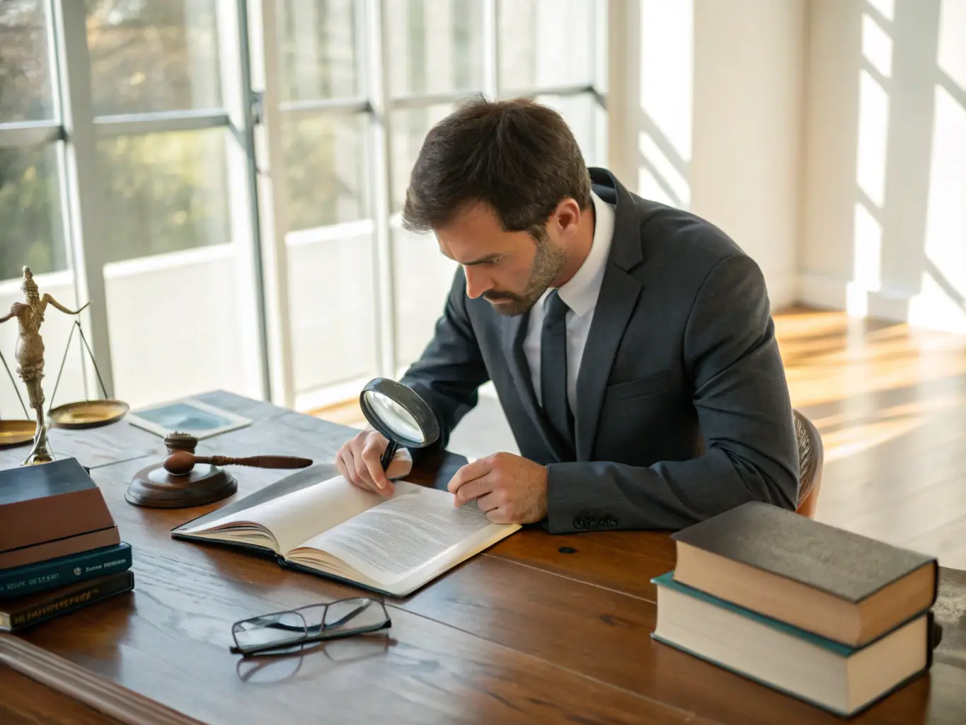 An inspector inspecting a property with legal documents and a magnifying glass, illustrating the thoroughness of DealPantry's property verification process.
