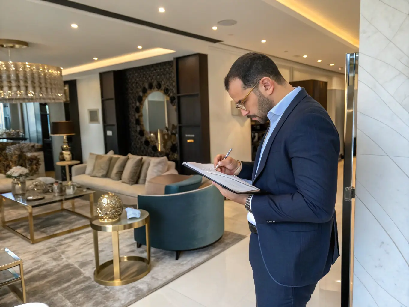 An inspector inspecting a property with legal documents and a magnifying glass, illustrating DealPantry's property verification process.