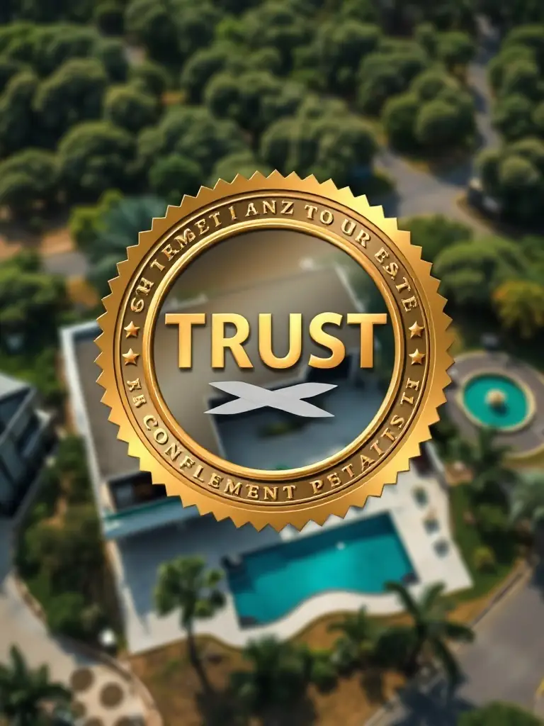 A matte gold trust badge overlaying a drone photo of a modern African estate, symbolizing independent verification and investor confidence.