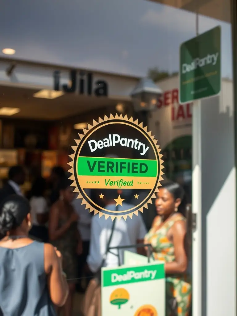 A DealPantry Africa verified badge displayed on a business storefront, with happy customers entering and interacting outside.