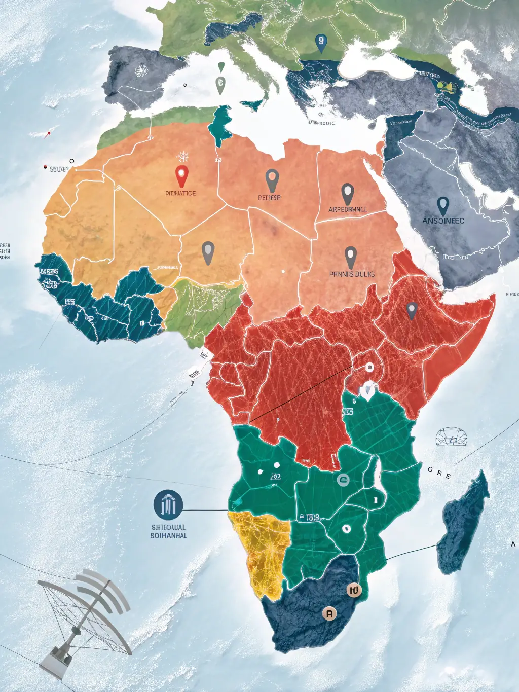 A digital map of Africa with glowing business location pins, overlaid with icons representing trust and verification, conveying increased visibility and credibility for listed businesses.