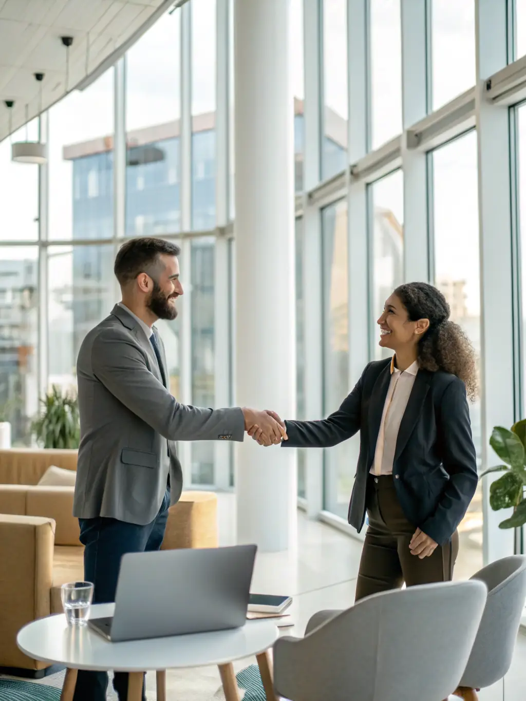 A professional African business owner shaking hands with a satisfied customer in a bright, modern office, symbolizing successful partnerships and business growth through DealPantry Africa.