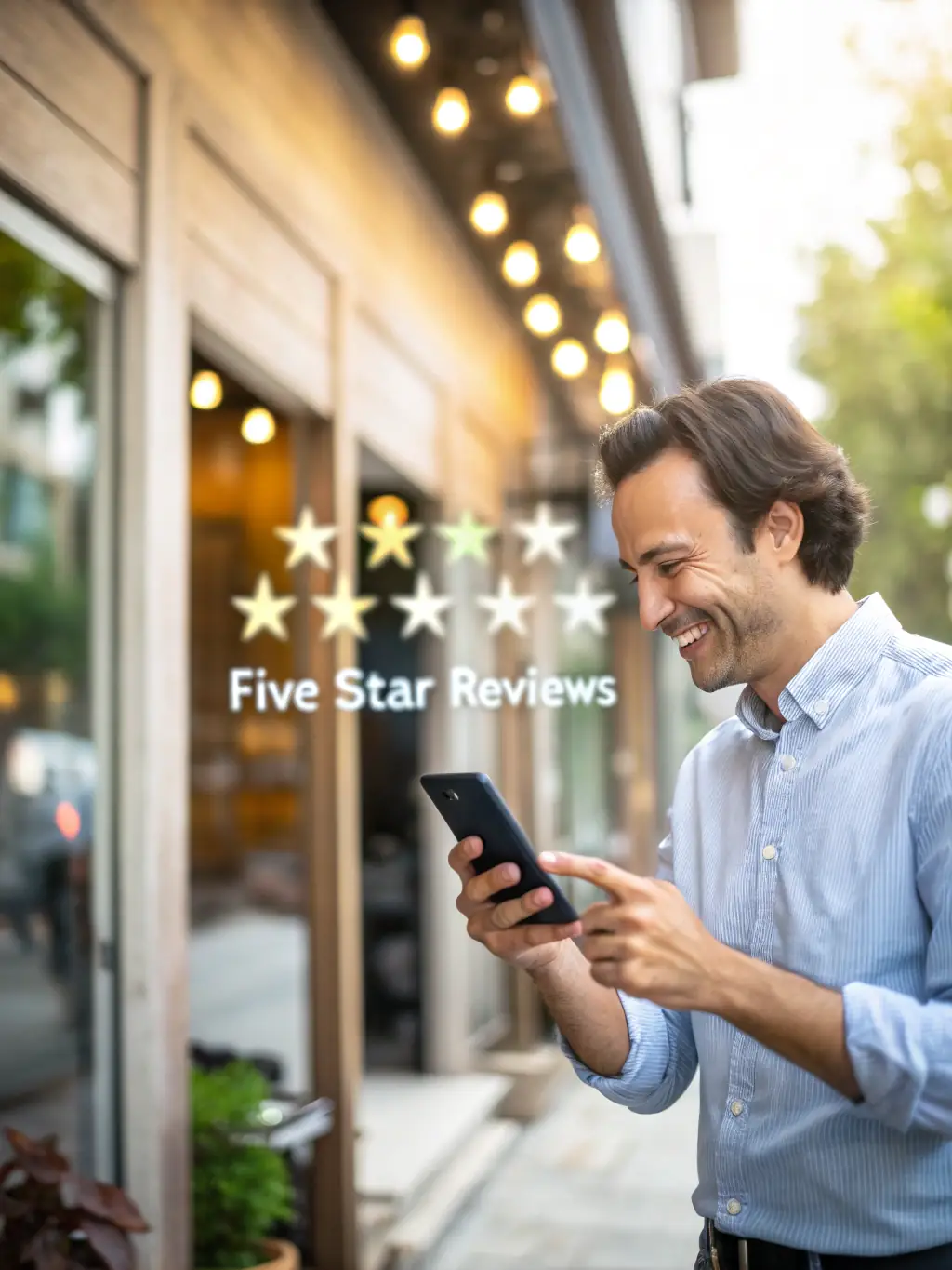 A close-up of a verified business badge displayed on a digital storefront, with a customer giving a positive review on a mobile device, illustrating trust and credibility.