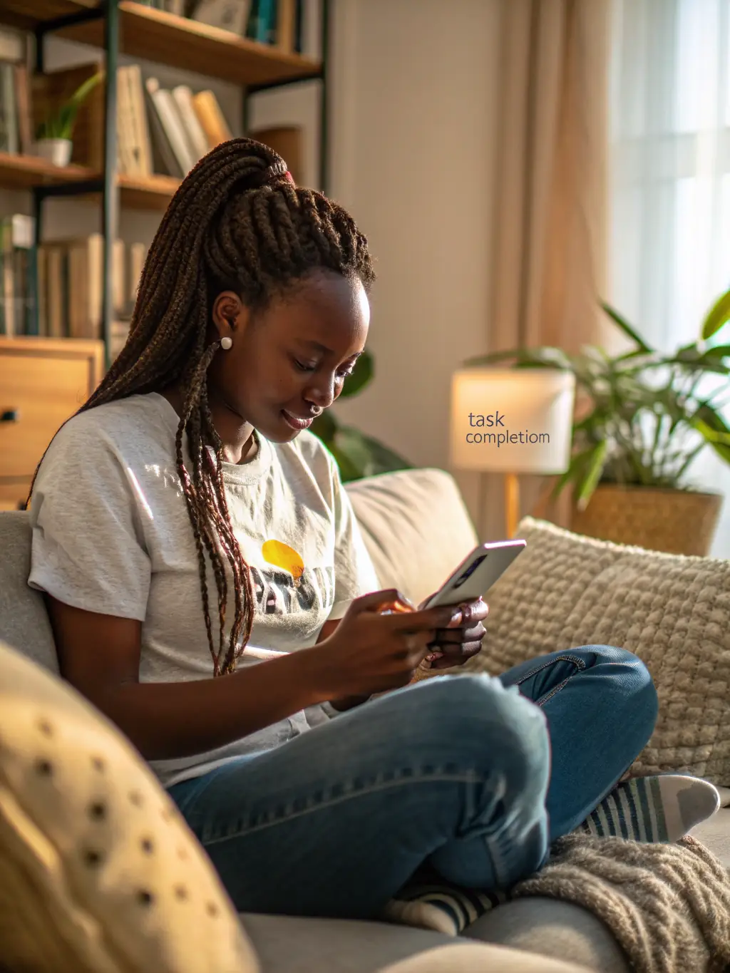 A cheerful young woman in a bright, modern living room, holding her smartphone and smiling at a DealPantry Africa price comparison screen showing multiple local store offers.
