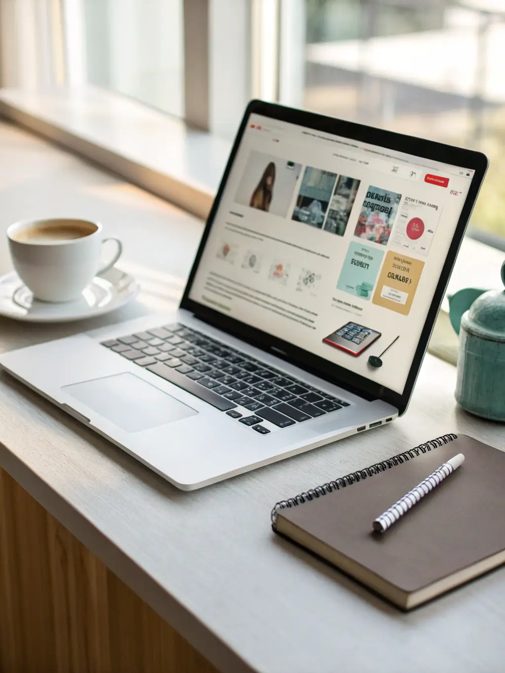 A close-up of a laptop screen displaying a DealPantry Africa map with price tags and business ratings, surrounded by shopping bags and a coffee cup.