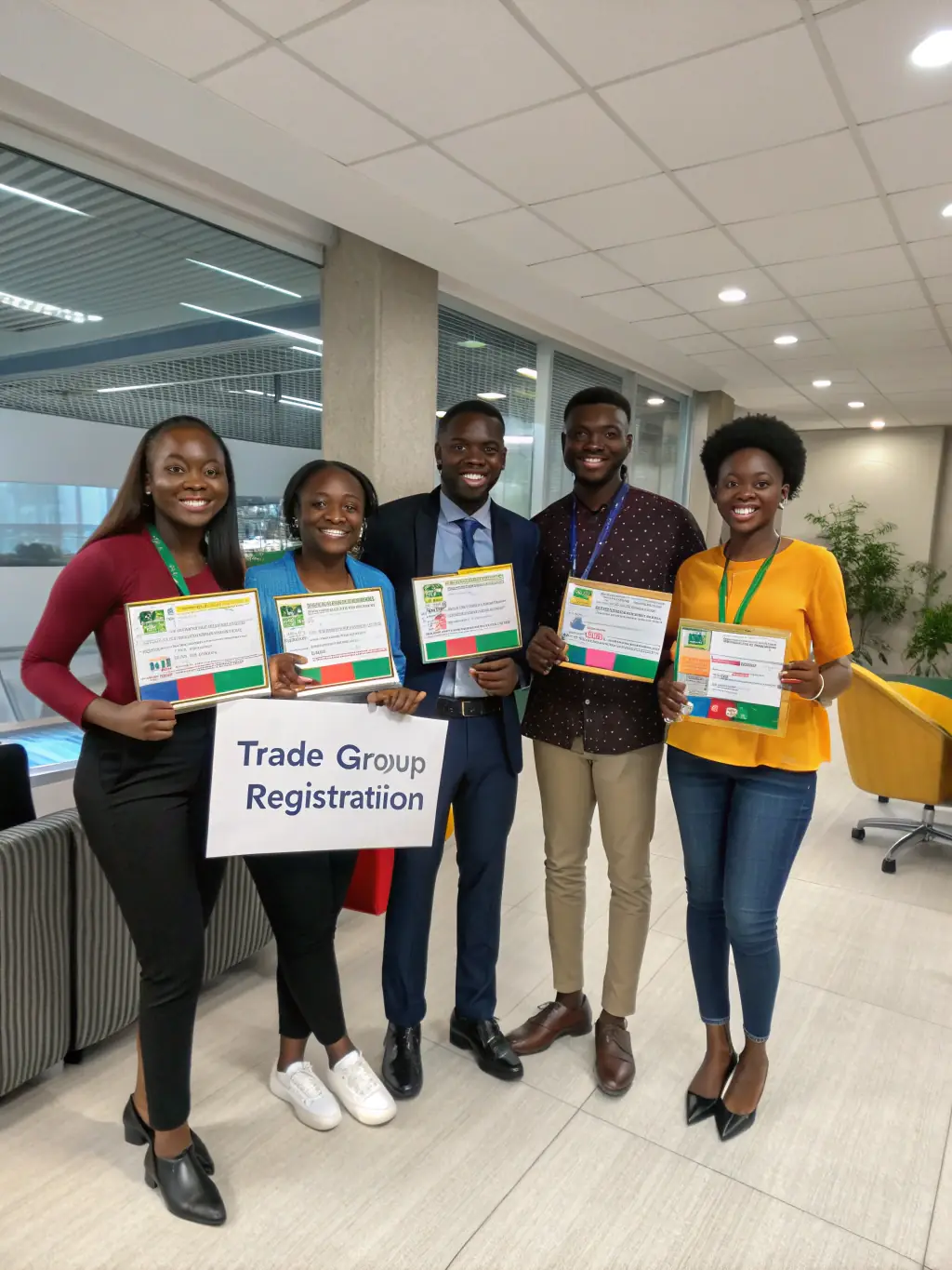 A group of diverse African entrepreneurs celebrating together in a modern workspace, with charts and digital devices showing upward trends, representing business growth and success.
